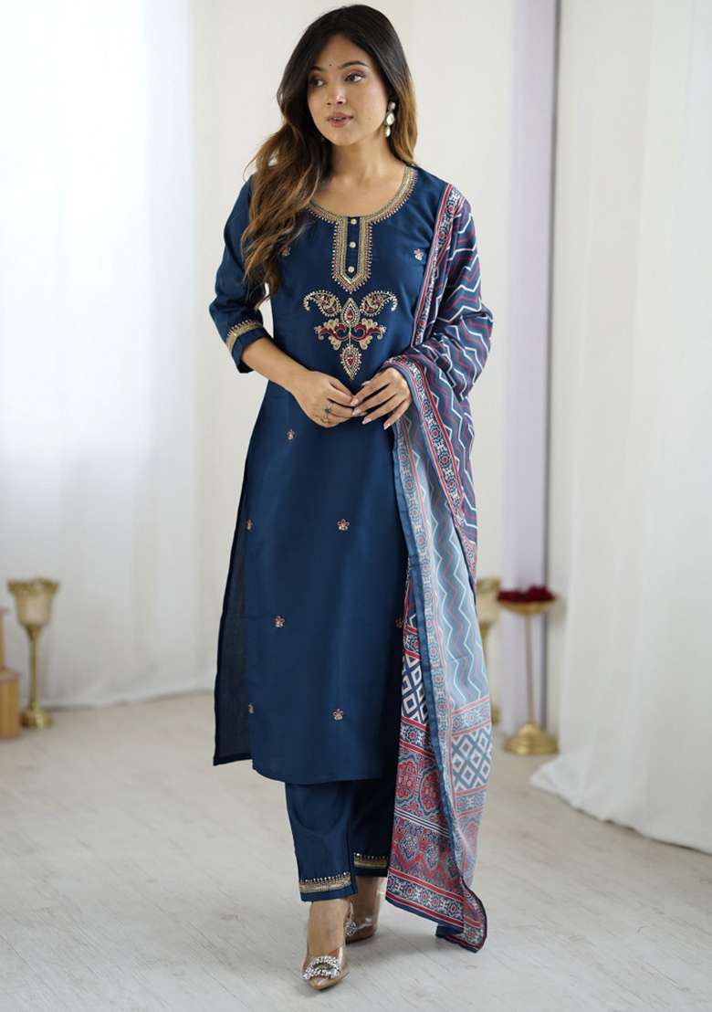 Navy Blue Embroidered Silk Blend Straight Kurta Set - Indya