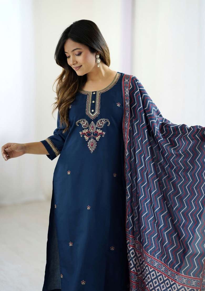 Navy Blue Embroidered Silk Blend Straight Kurta Set - Indya