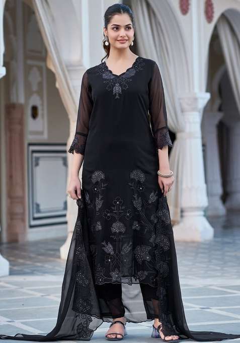 Black Embroidered Georgette Straight Kurta Set