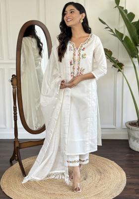 Off White Embroidered Viscose Salwar Kameez With Dupatta