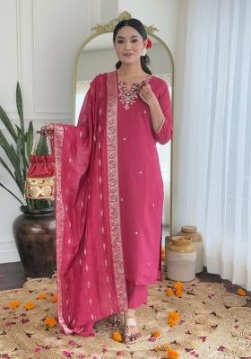 Rani Embroidered Viscose Salwar Kameez With Dupatta