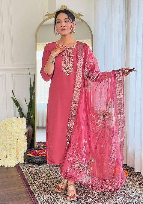 Gajri Embroidered Chanderi Salwar Kameez With Dupatta