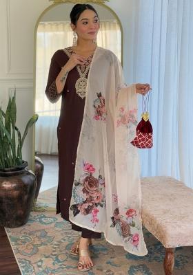 Coffee Embroidered Rayon Salwar Kameez With Dupatta