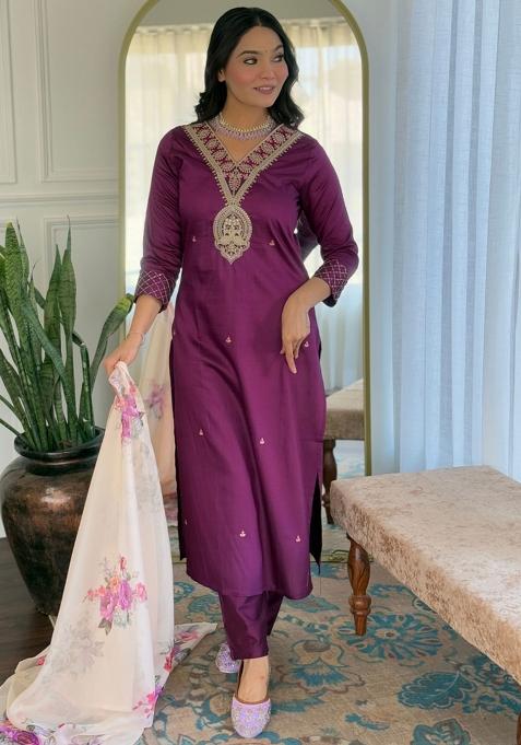 Wine Embroidered Rayon Salwar Kameez With Dupatta