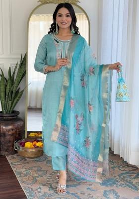 Sky Blue Embroidered Viscose Salwar Kameez With Dupatta