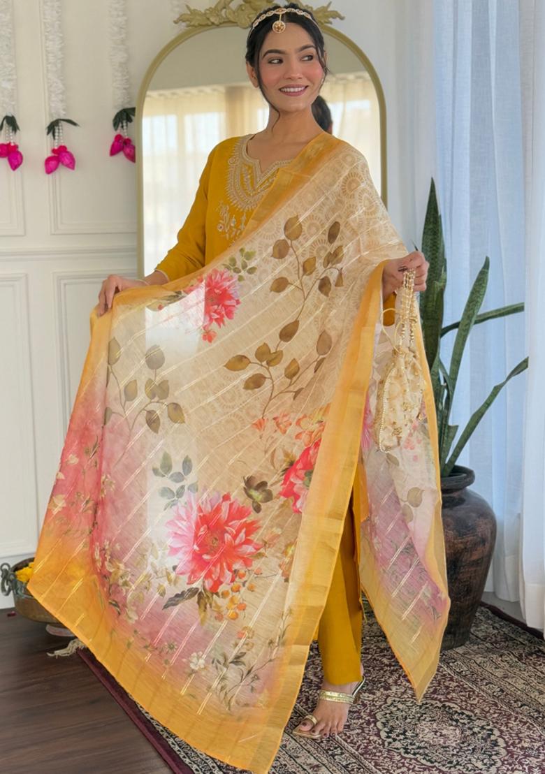 Mustard Embroidered Viscose Salwar Kameez With Dupatta - Indya