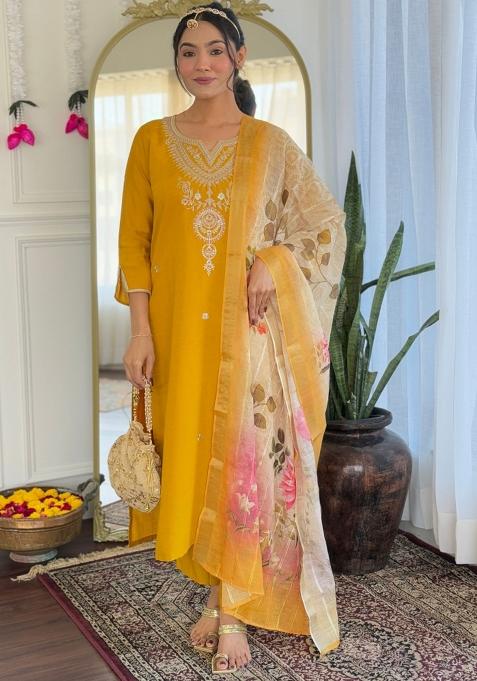 Mustard Embroidered Viscose Salwar Kameez With Dupatta