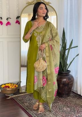 Lime Green Embroidered Viscose Salwar Kameez With Dupatta
