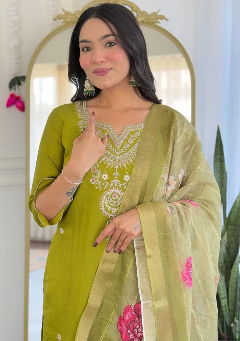 Lime Green Embroidered Viscose Salwar Kameez With Dupatta - Indya