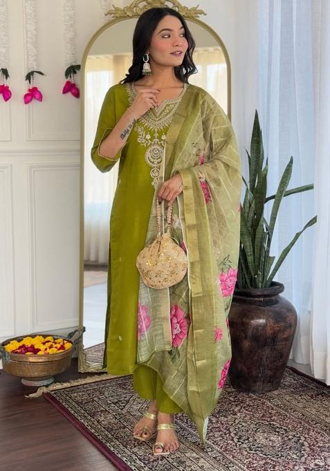 Lime Green Embroidered Viscose Straight Kurta Set