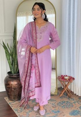 Lavender Embroidered Rayon Salwar Kameez With Dupatta