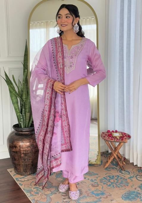 Lavender Embroidered Rayon Salwar Kameez With Dupatta