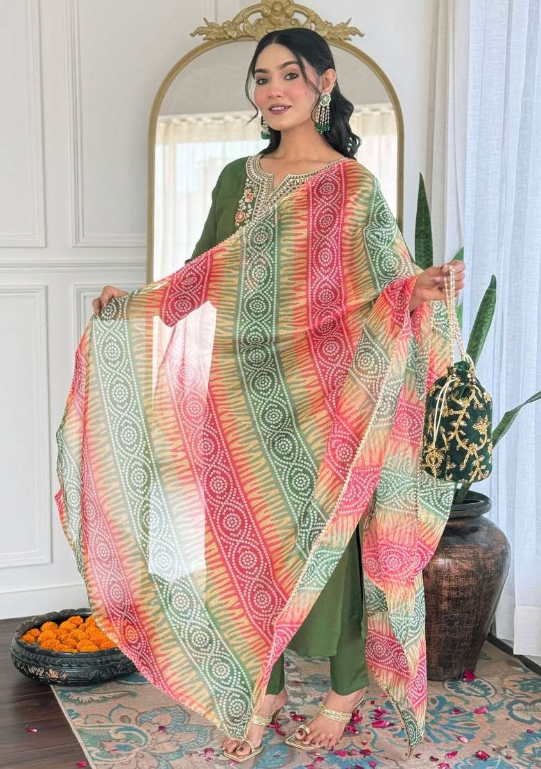 Mehndi Embroidered Rayon Salwar Kameez With Dupatta - Indya