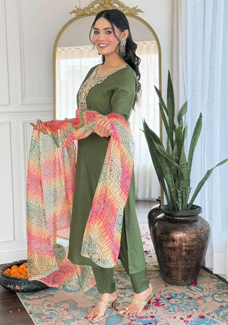 Mehndi Embroidered Rayon Salwar Kameez With Dupatta - Indya