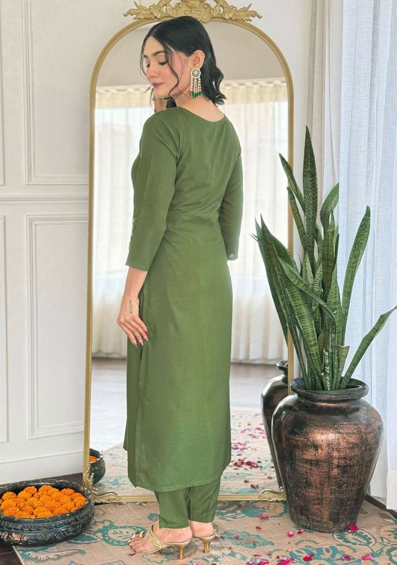 Mehndi Embroidered Rayon Salwar Kameez With Dupatta - Indya