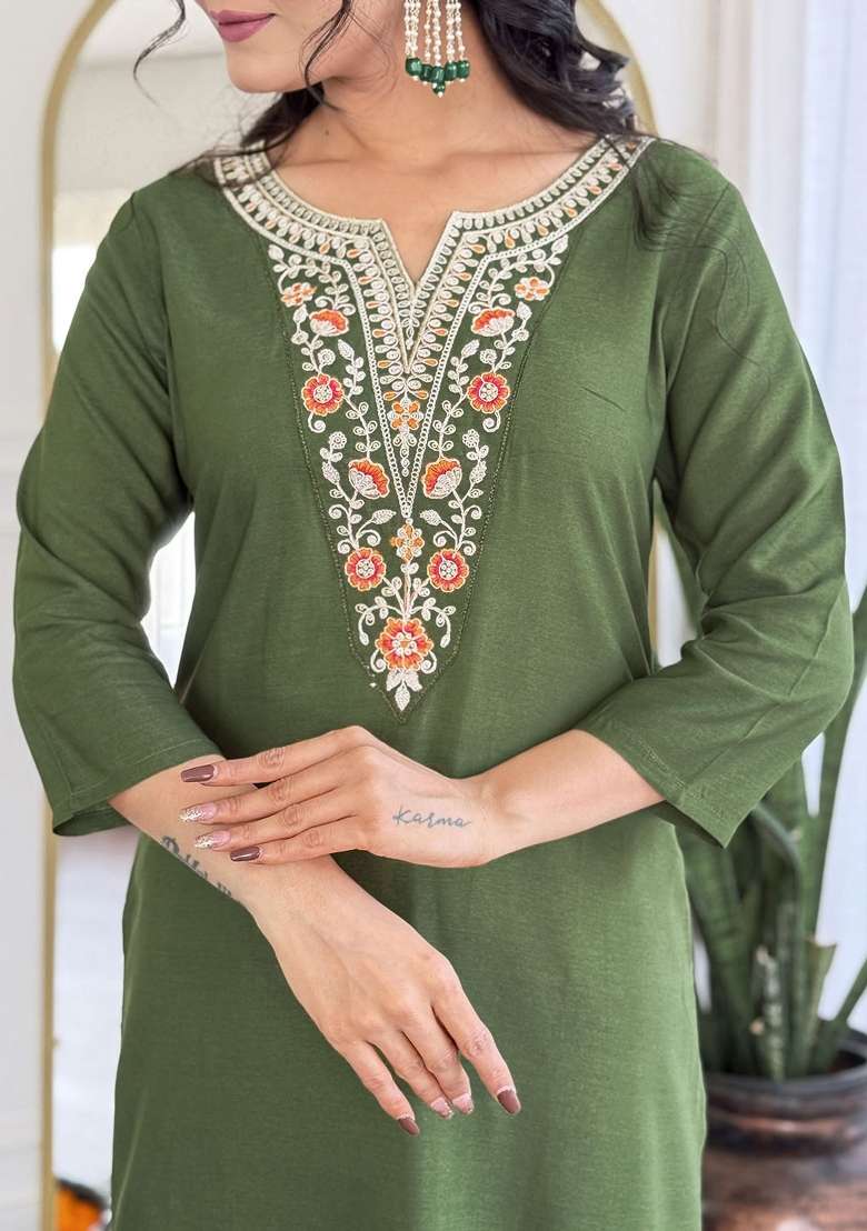 Mehndi Embroidered Rayon Salwar Kameez With Dupatta - Indya