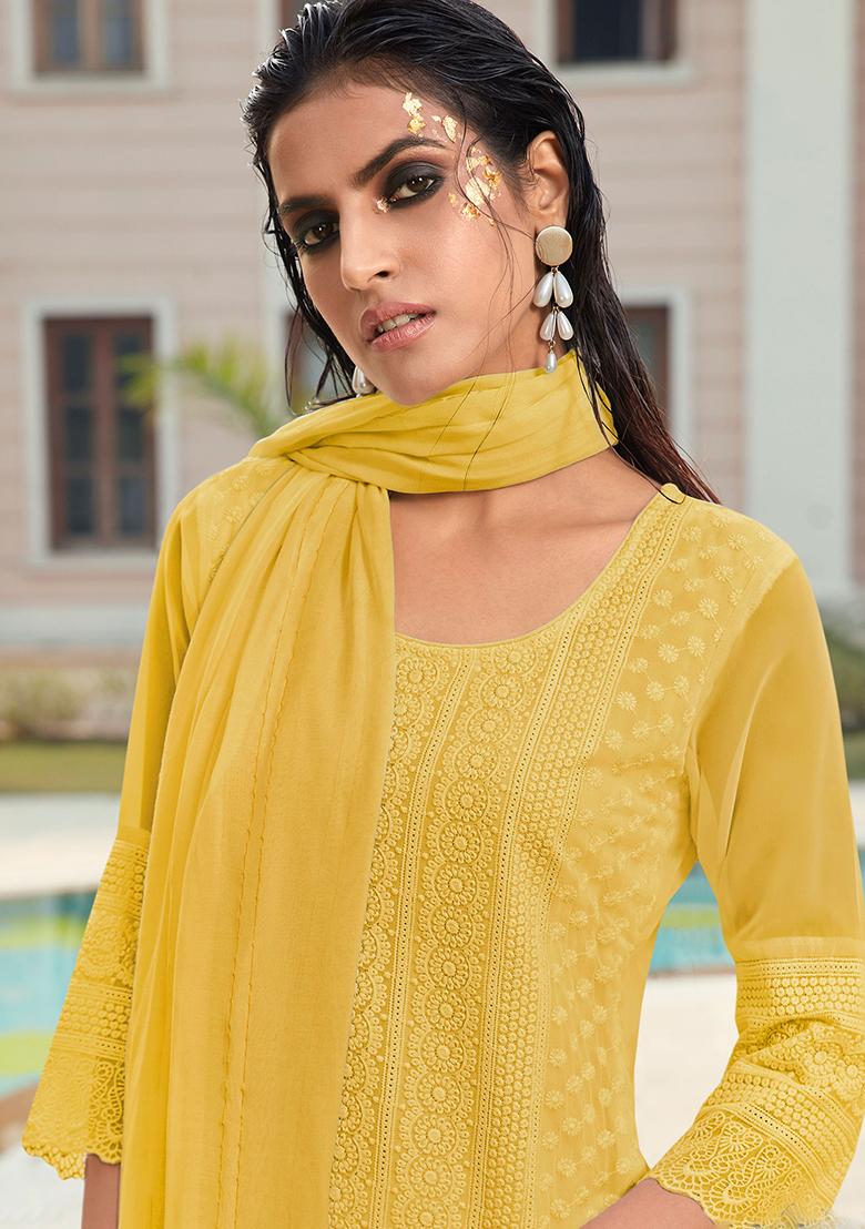 Yellow Embroidered Georgette Salwar Kameez With Dupatta