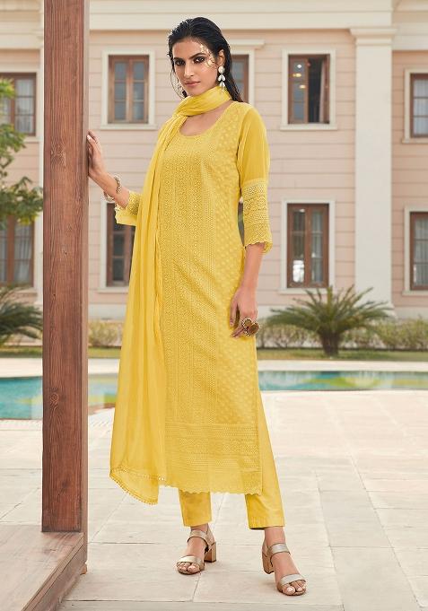 Yellow Embroidered Georgette Salwar Kameez With Dupatta