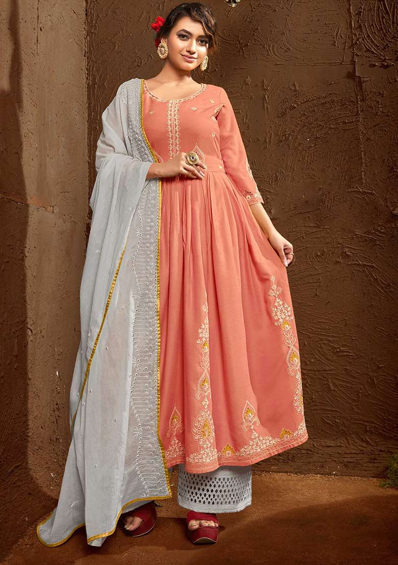 Peach Embroidered Rayon Anarkali With Dupatta - Indya