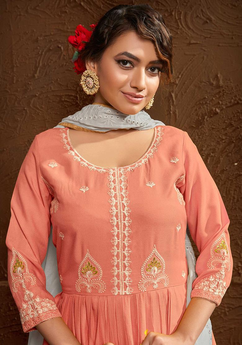 Peach Embroidered Rayon Anarkali Set With Dupatta