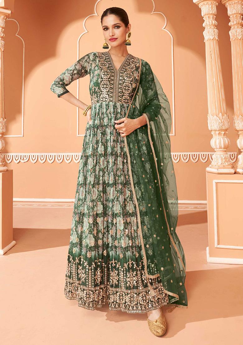 Green Embroidered Georgette Anarkali Suit With Dupatta
