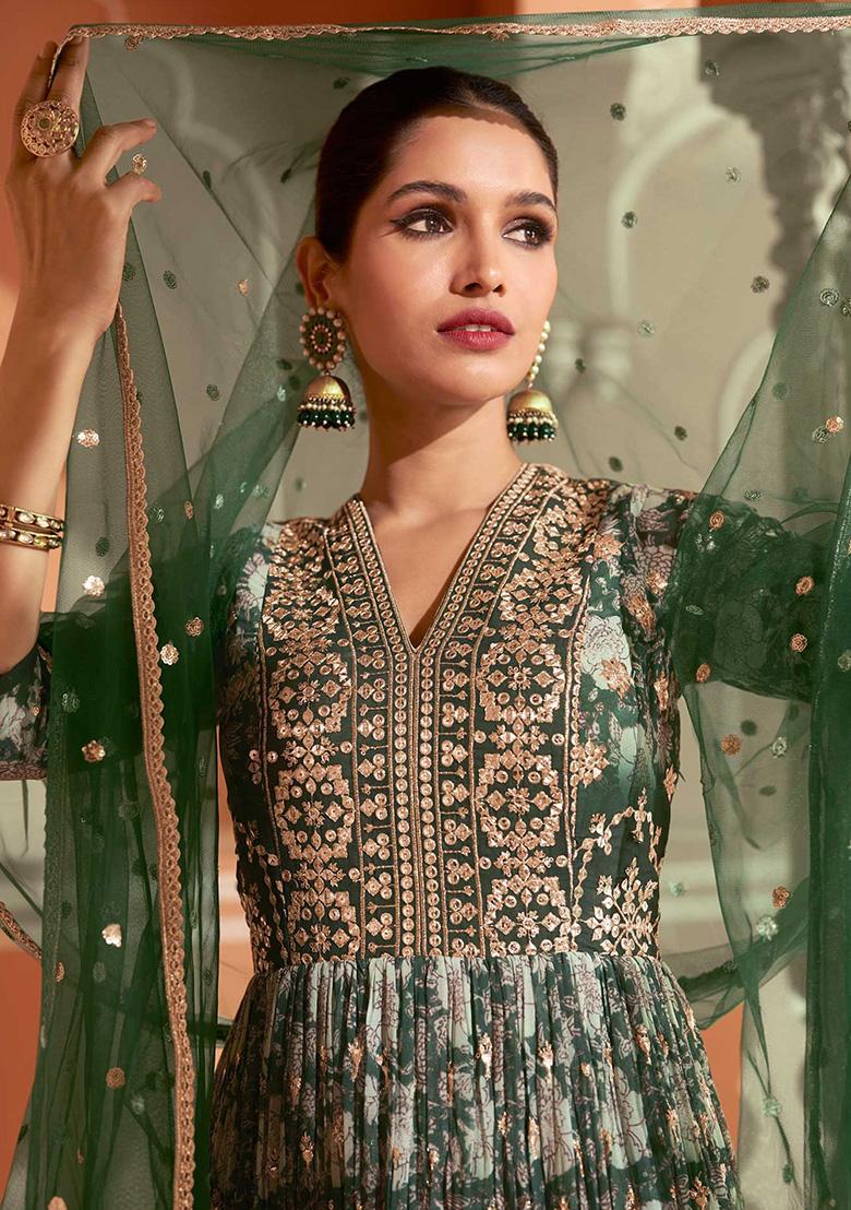 Green Embroidered Georgette Anarkali Suit With Dupatta