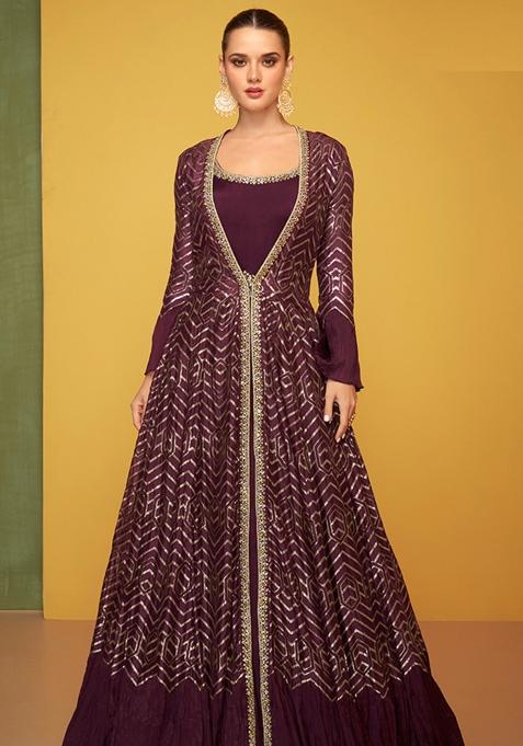 Wine Embroidered Chinnon Anarkali With Dupatta