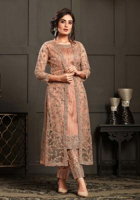 Peach Embroidered Net Anarkali Set Wih Dupatta