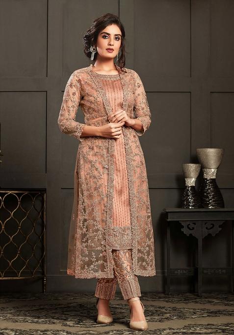 Peach Embroidered Net Anarkali Set Wih Dupatta