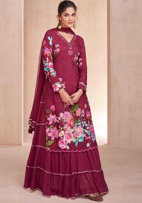 Wine Embroidered Muslin Salwar Kameez With Dupatta