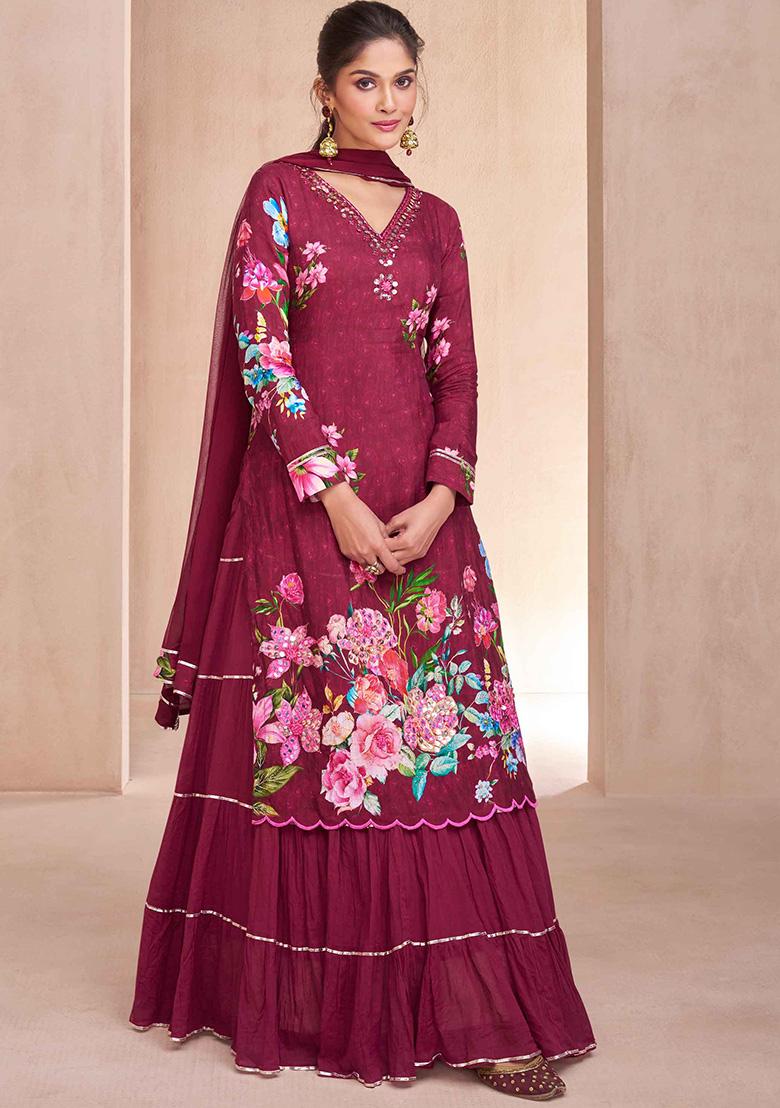 Wine Embroidered Muslin Salwar Kameez With Dupatta
