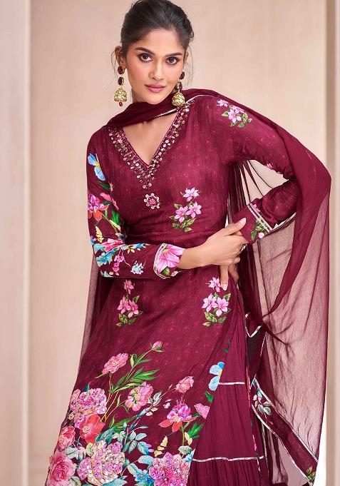 Wine Embroidered Muslin Salwar Kameez With Dupatta