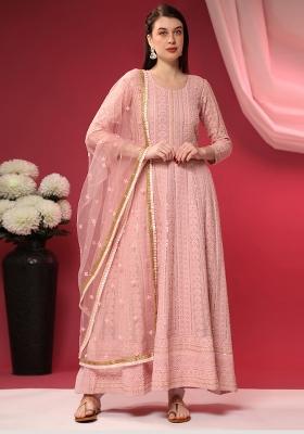Pink Embroidered Georgette Anarkali Set Wih Dupatta