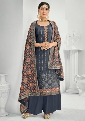 Grey Embroidered Chinnon Salwar Kameez With Dupatta