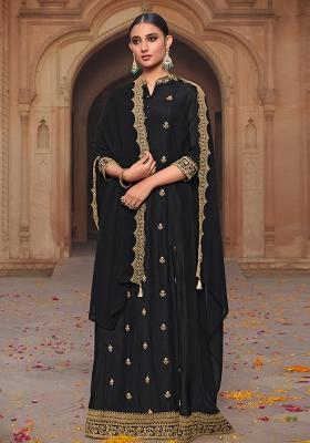 Black Embroidered Georgette Anarkali Set Wih Dupatta