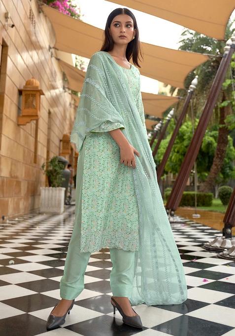 Sea Green Floral Print Silk Pakistani Suit Set