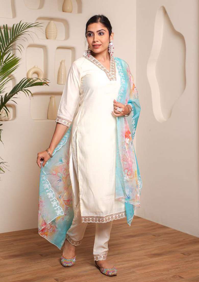 Off White Embroidered Chanderi Straight Kurta Set - Indya
