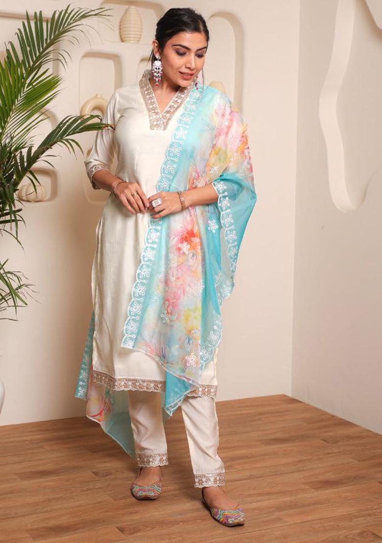 Off White Embroidered Chanderi Salwar Kameez With Dupatta