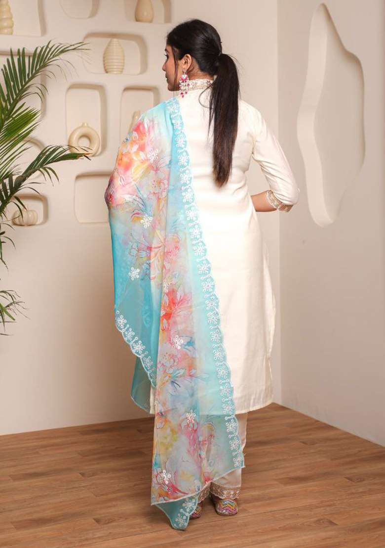 Off White Embroidered Chanderi Straight Kurta Set - Indya