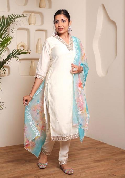 Off White Embroidered Chanderi Straight Kurta Set