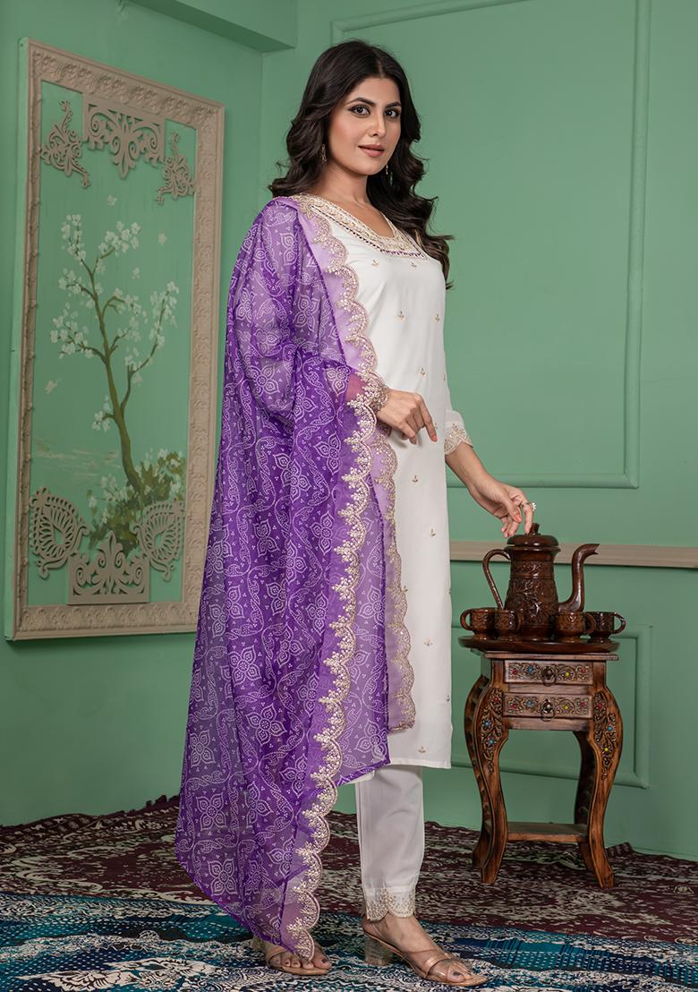 Off White Embroidered Silk Salwar Kameez With Dupatta