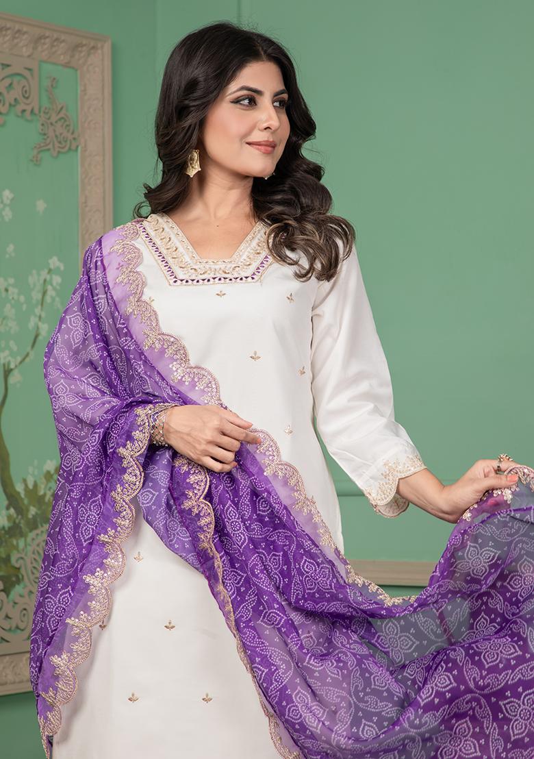 Off White Embroidered Silk Salwar Kameez With Dupatta