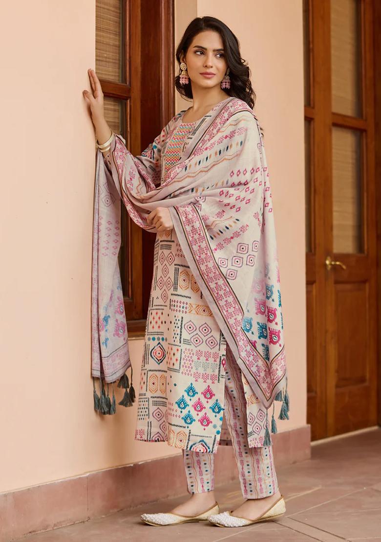 Multi Embroidered Cotton Salwar Kameez With Dupatta