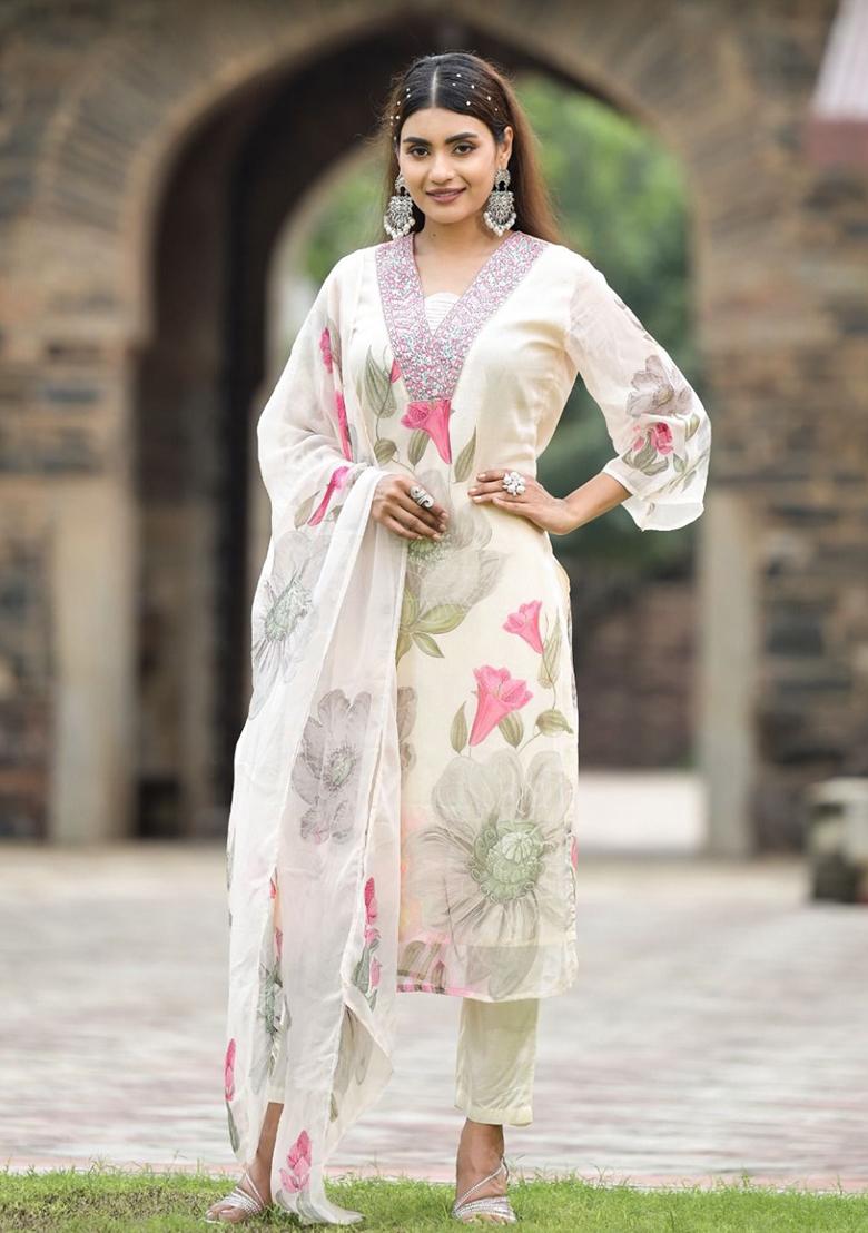 White Embroidered Silk Salwar Kameez With Dupatta