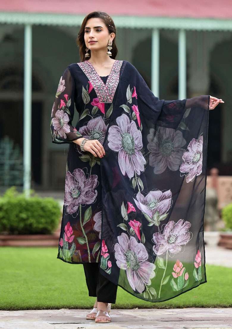 Black Embroidered Silk Straight Kurta Set - Indya
