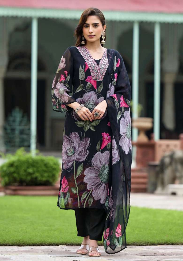 Black Embroidered Silk Straight Kurta Set - Indya