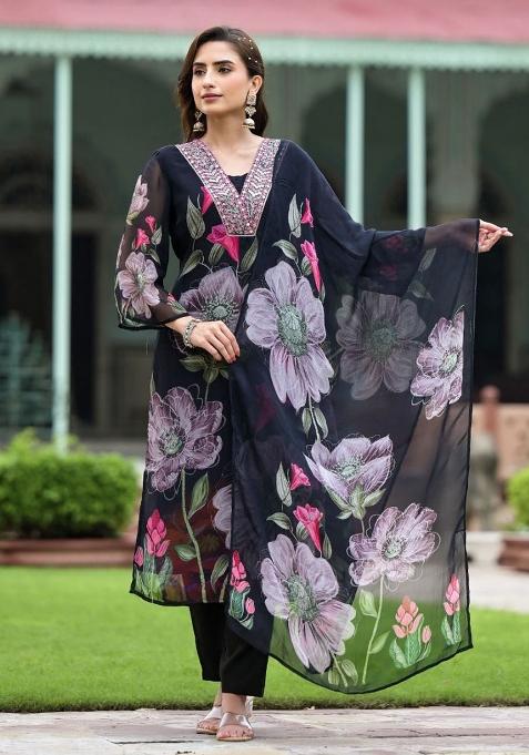 Black Embroidered Silk Salwar Kameez With Dupatta