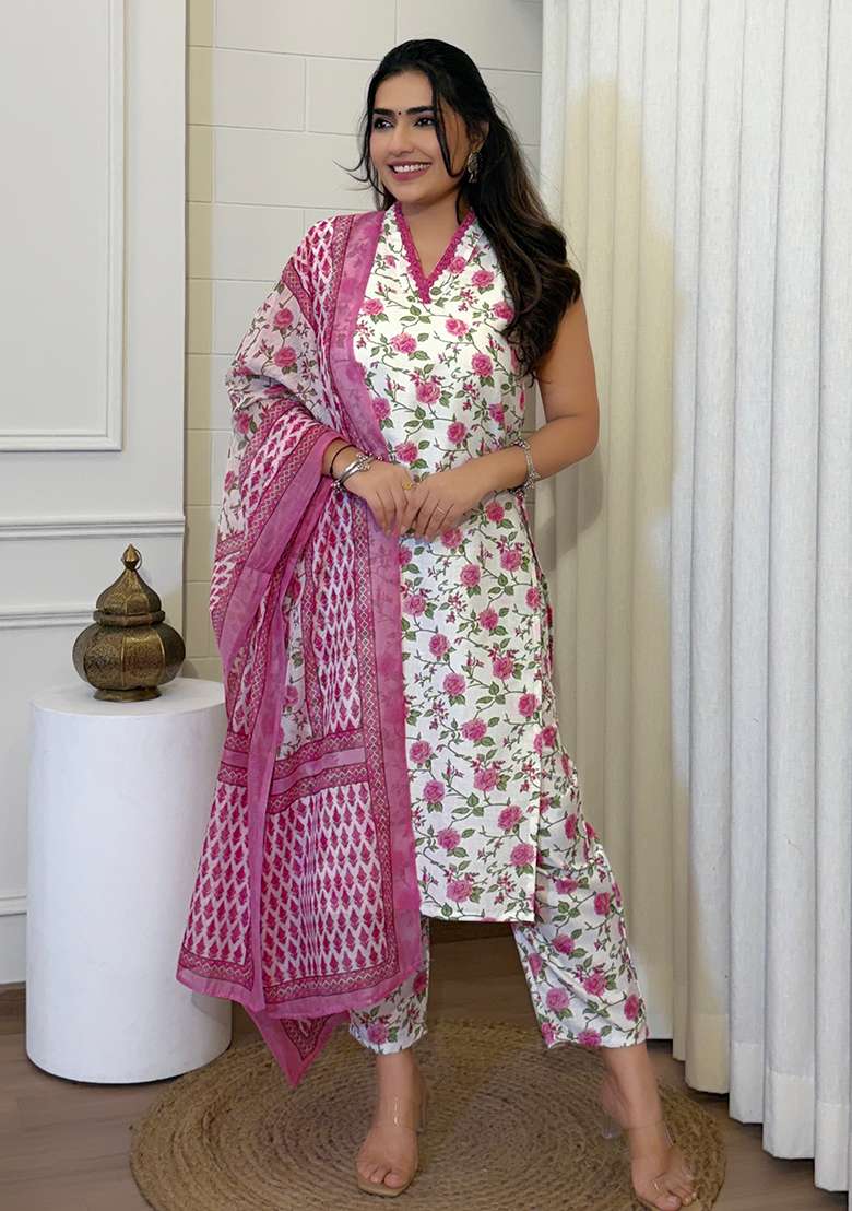 Pink Embroidered Cotton Salwar Kameez With Dupatta - Indya