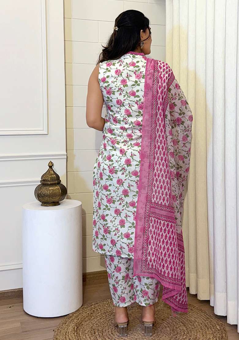 Pink Embroidered Cotton Salwar Kameez With Dupatta - Indya