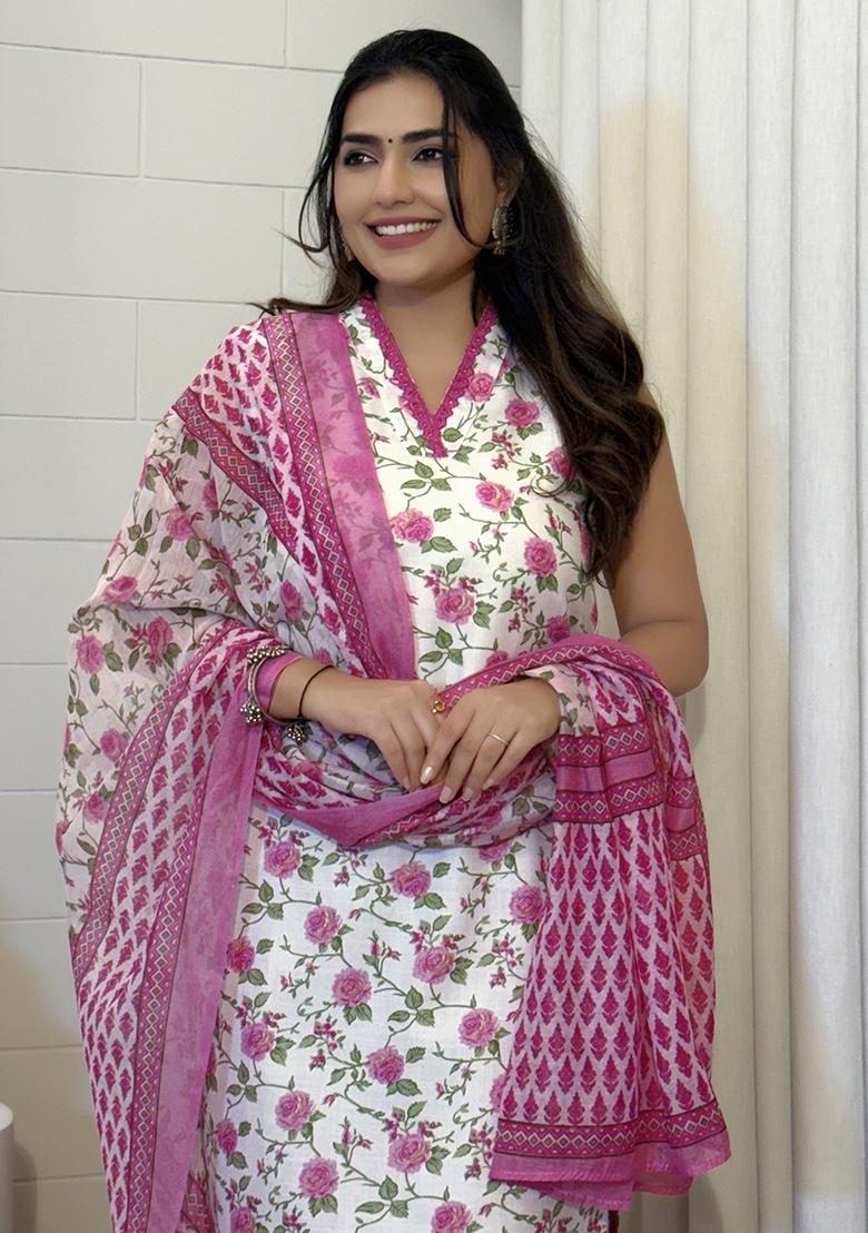 Pink Embroidered Cotton Salwar Kameez With Dupatta